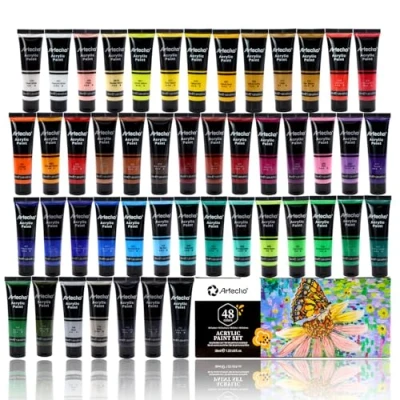 Imagen de Artecho Pinturas Acrilicas 48 x 36 ml, para Bellas Artes y Manualidades, Acrylic Paint Set, Impermeable resistente a la luz Lienzos, Tela, Madera, Cristal, Piedras