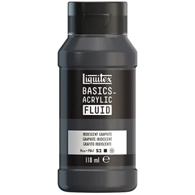Imagen de Liquitex Basics Fluid Pintura acrílica de consistencia fluida, secado rápido, resistente a la luz, impermeable, acabado satinado permanente, bote 118 ml, grafito iridescente