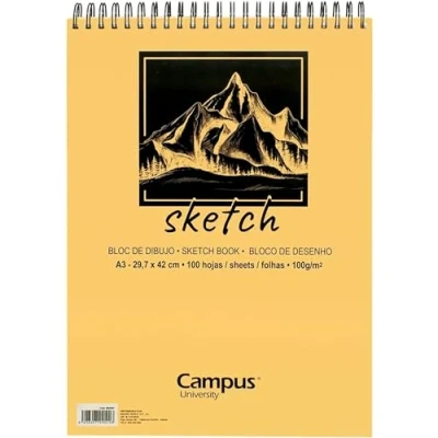 Imagen de Campus University Bloc de Dibujo Sketch A3 Cuaderno Bocetos con Espiral 100 Hojas gramos en Blanco para Carboncillo, Lápiz, Ceras, Pastel, Esbozos