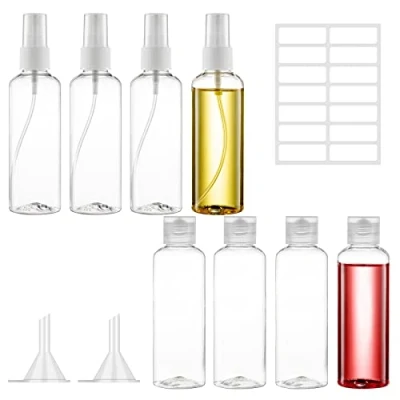Imagen de Juego de botellas viaje, botella plástico con pulverizador, transparente, vacía, recipiente viaje embudo para viajes en avión, perfume, champú, loción (100 ml)