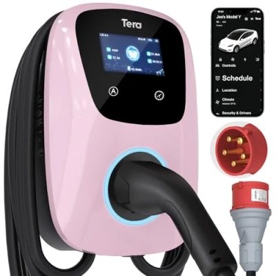 Imagen de Tera Cargador EV con Smart App: 32A Tipo 2 22kW Estación de Carga Doméstica 400V CE&amp;TÜV Wallbox 7m Cable Soporte para Control por App Enchufe CEE 3 Fases PHEVs W01 Rosa Claro