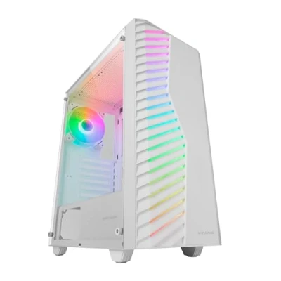 Imagen de MARSGAMING MC VOLT, Caja Gaming ATX, Ventilador ARGB 120mm, Rejilla Frontal ARGB, Ventana Lateral Completa Cristal Templado, Gestión de Cableado, Semitorre PC con Soporte Refrigeración Líquida, Blanco