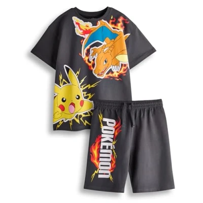 Imagen de Pokémon Conjunto de camiseta y pantalones cortos para niño ropa con gráfico manga corta en gris oscuro niños completo Pikachu Charizard