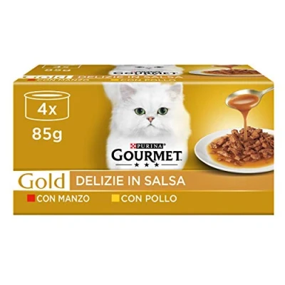 Imagen de Purina Gourmet Gold, delicias en Salsa Comida húmeda para Gatos con Pollo y Ternera, 48 latas de 85 g Cada una