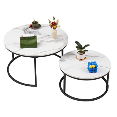 Imagen de Soayone Juego de 2 mesas café Redondas mármol Blanco con Estructura Metal Negro, Mesa Auxiliar Redonda para salón, Dormitorio, balcón
