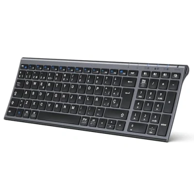 Imagen de iClever Teclado Bluetooth BK10, Inalámbrico QWERTY Español Multi Dispositivo Recargable Diseño Ergonómico Tamaño Completo Conexión Estable para Mac/iMac/PC/Tableta/iPad Negro grisáceo