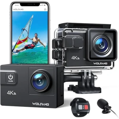 Imagen de WOLFANG Cámara Deportiva WiFi 4K 60FPS GA300, Videocámara 8xZoom 24MP, Acuática Sumergible 40M con Micrófono Dual, 170 Gran Angular, EIS Mejorado, 2.4G Control Remoto, 2x1350mAh Baterías
