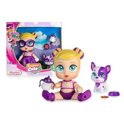 Imagen de SUPER CUTE LITTLE BABIES Mini Glitzy Cool with Puppy, Muñeca Superheroína bebé en versión de 12 cm, con su Disfraz y Perrito Mascota Accesorios como un biberón, Famosa (UPU04000)