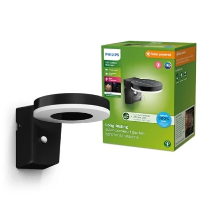 Imagen de Philips Lighting Aplique pared Exterior Ultraeficiente Zonal, alimentación solar, formato redondo, 1.3W, 3000K, negro, sensor movimiento, resistente intemperie IP44