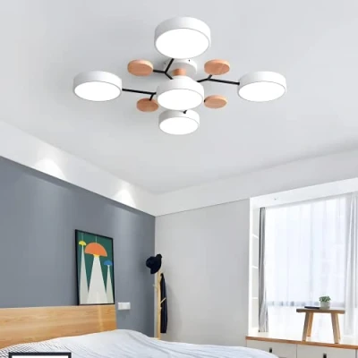Imagen de lámpara de techo moderna montaje semiempotrado, LED nórdica blanca, araña circular acrílico 5 cabezas, Sputnik con decoración madera para sala estar,