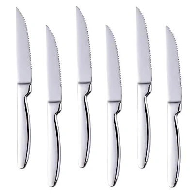 Imagen de Bisda Juego de 6 Cuchillos Carne Plata serrado Steak Knives Acero Inoxidable Sierra Cuchillo para 22cm Largo Mesa Cocina lavavajillas Seguro