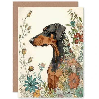 Imagen de Artery8 Doberman Dog with Spring Flowers Colourful Watercolour Illustration Art Birthday Sealed Greeting Card Plus Envelope Blank inside
