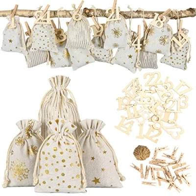 Imagen de Papierdrachen 24 bolsitas de tela para calendario Adviento rellenar, con números madera XXL 1 a 24, bolsas regalo, impresión dorada