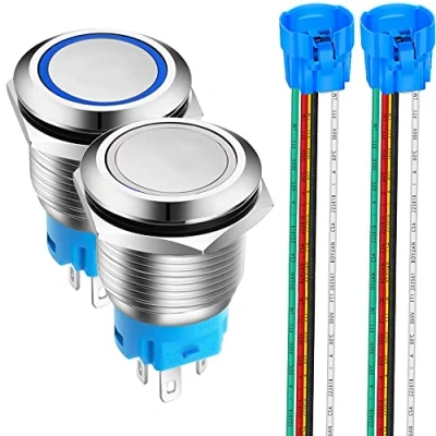 Imagen de Gebildet 2pcs 19mm Momentáneo Pulsador de Botón Acero Inoxidable, Impermeable ON/OFF 12V 24V 5A LED 1NO1NC SPDT Temporal con Enchufe Cable(LED Azul + Blanco)