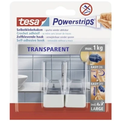 Imagen de tesa 58811 00000 00 Powerstrips Transparentes/Blancos, para máx. 1 kg, Paquete de 2 Ganchos
