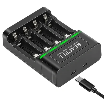 Imagen de REACELL Cargador Pilas Recargables AA y AAA 1 Hora Carga Rápida LCD AA/LR6 AAA/LR3 Ni MH con Puerto Micro USB Tipo C de Inteligente