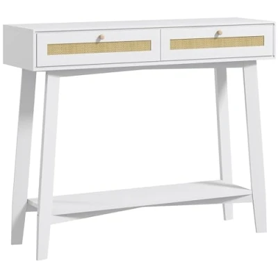 Imagen de HOMCOM Mesa Consola Recibidor de Entrada con 2 Cajones Diseño Ratán y Estante Abierto para Salón Pasillo 100x30x81 cm Blanco