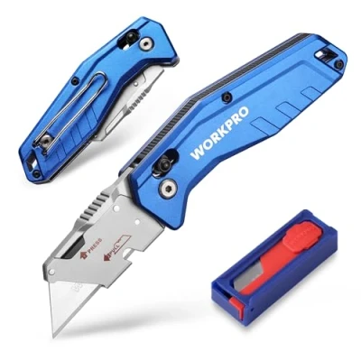 Imagen de WORKPRO Cúter Plegable, Cuchillo Plegable de Aluminio, Cortador Universal, Cutter con cambio Rápido, para Alfombras 10 Hojas Adicionales SK5