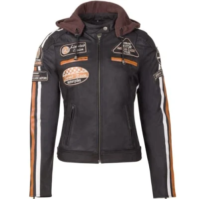 Imagen de Chaqueta Moto Mujer de Cuero URBAN 5884 UR 174 &#039;58 LADIES&#039;, Mujer, Cazadora Piel Cordero, Armadura Removible para Espalda, Hombros y Codos Aprobada por la CE Marrón, 4XL