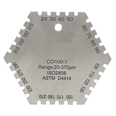 Imagen de medidor de película húmeda, espesor tarjeta peine húmeda hexagonal CO100 1 20 370um acero inoxidable, con alta precisión, para rango medición