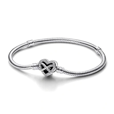 Imagen de Pandora Moments Pulsera de plata ley con cadena serpiente y cierre en forma corazón símbolo infinito circonita cúbica transparente, 16