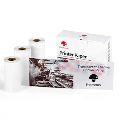 Imagen de Phomemo Papel Térmico Transparente Adhesivo, para Mini Impresora Térmica M02, M02PRO, M02S, M03, M03AS, M04S, M04AS, 53 mm x 3,5 m, Diámetro 30 mm, 3 Rollos