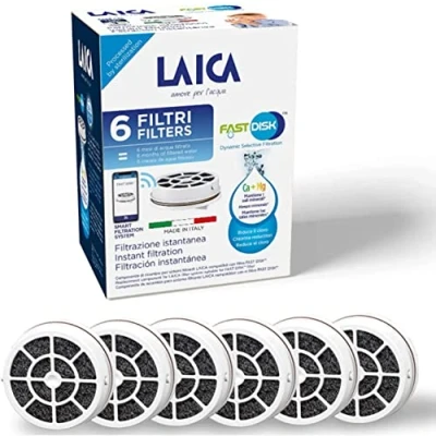 Imagen de Cartuchos de filtro agua LAICA FAST DISK, pack 6 meses (6 filtros 30 días) instantáneo carbón activado para usar con las gamas botellas Flow&#039;n Go, GlaSSmart