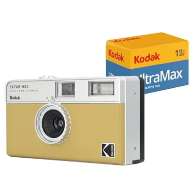 Imagen de Kodak EKTAR H35 Cámara de película Medio fotograma (Arena) Paquete con Rollo Ultramax 400/24 EXP 35 mm