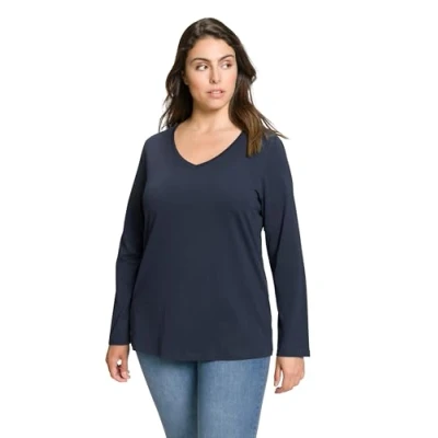 Imagen de Ulla Popken Camiseta Básica, Cuello En V, Ajustada, Manga Larga, para Mujer, Azul (Marine), 54 56