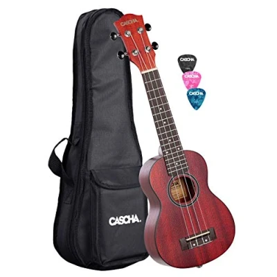 Imagen de Cascha Ukelele soprano rojo caoba I Starter Kit de 3 púas colores + Funda Premium Guitarra hawaiana pequeña para principiantes avanzados