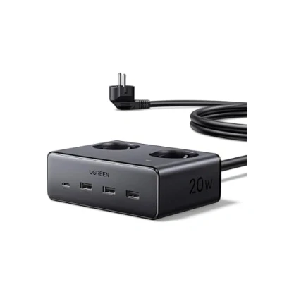 Imagen de UGREEN Enchufe Múltiple con USB C 20W, Estación de Carga Que Ahorra Espacio 2 Enchufes AC 3680W, Ladron Rápida 16A para Hogar