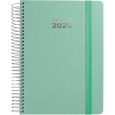 Imagen de Grafoplas Agenda 2025 Dia Por Pagina Tamaño 15x21cm Fancy MInt Español Espiral Tapa Dura Forrada Tela Cierre Goma Vertical Esquinas Redondeadas Incluye Pegatinas Certificado FSC