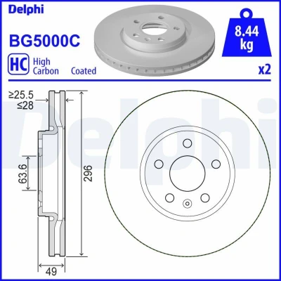 Imagen de DELPHI BG5000C Disco de freno 296 28 5 ventilado revestido altamente carbonizado sin cojinete rueda, anillo sensor ABS VOLVO: V60 II