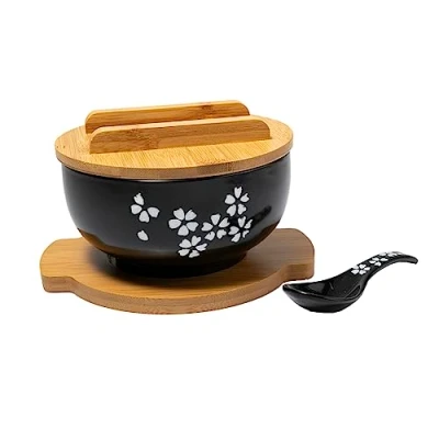 Imagen de lachineuse Cuenco asiático grande de porcelana sopa y fideos Tinte negro ⌀ 16 cm Estilo japonés Sakura Capacidad 1000 ml Cuchara, palillos soporte Decoración regalo vajilla