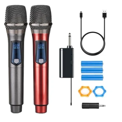 Imagen de HUACAM de micrófono inalámbrico Mano, frecuencia Fija, con Receptor Recargable, Conector 3,5 mm, para Karaoke, Iglesia, Mano DJ, Rango 200 pies