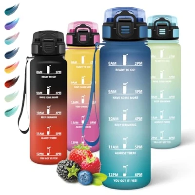 Imagen de Motswedi Botella Agua Gimnasio, 1000ml sin BPA, Agua, Reutilizable, con Marcador de Tiempo, Cantimplora para Oficina, Escuela, Yoga, Azul Verdoso