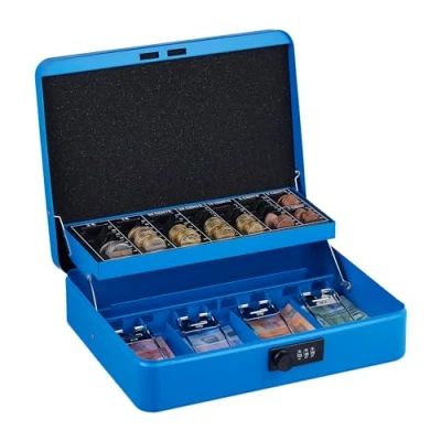 Imagen de Relaxdays Caja Dinero, Combinación 3 Números, Bandeja para Monedas, Cajita Hierro, 8,5 x 30,5 25 cm, Azul