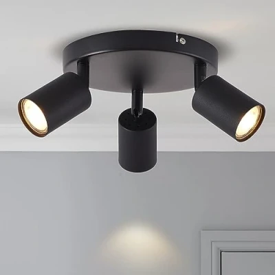 Imagen de ANWIO Lámpara de Techo Giratoria Ajustable con 3 Focos LED Metal Negro Base GU10 Moderno Diseño para Dormitorios, Pasillos, Salones, Cocinas, Garajes, Bares(Sin Bombillas).