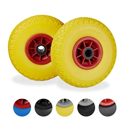 Imagen de Relaxdays Set de Dos Ruedas Carretilla, Resistente a Golpes, 3.00 4&quot;, Eje 25mm, hasta 80 kg, 260x85 mm, Amarillo Rojo