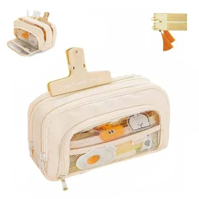 Imagen de CLOUDEMO Big Capacity Pencil Case, 3 Compartments Simple Storage Aesthetic Large Pouch, Kawaii Case Organizer for Women and Girls (Beige)