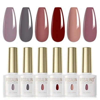 Imagen de ROSALIND Esmaltes Semipermanentes Gris Rojo 6 Colores Kit Pintauñas Uñas de Gel UV LED en Nail Polish Esmalte Otoño e Invierno