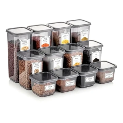 Imagen de Meleni Tarros con tapa herméticos, juego de 12 recipientes almacenamiento, almacenamiento cocina y organización, organizador cocina, para todos los alimentos secos, sin BPA