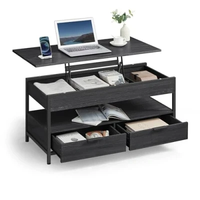 Imagen de VASAGLE Mesa de Centro Elevable, Salón, con Cajones Almacenamiento, Compartimentos Ocultos y Estante Abierto, Gris Ahumado Negro Tinta LCT209B22