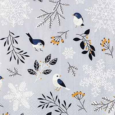 Imagen de 20 servilletas de hojas y pájaros invierno, azul, animales, Navidad, decoración mesa, decoupage, técnica servilletas, 33 x cm