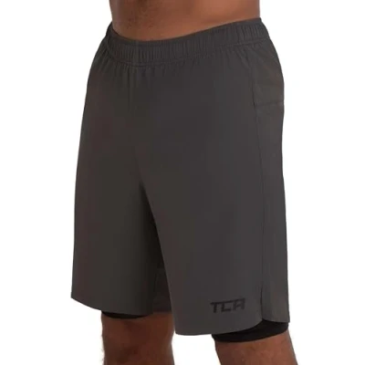 Imagen de TCA Pantalon Corto Hombre Deporte con Bolsillos y Mallas Pantalones Cortos para Running Gym Padel 2 en 1 Cortas Cremallera Gris, L