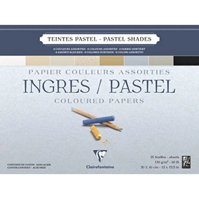 Imagen de Clairefontaine Ref 96488C Ingres Bloc encolado de color pastel (25 hojas), tamaño 30 x 40 cm, contenido algodón, sin ácidos, papel 130 g/m², colores surtidos