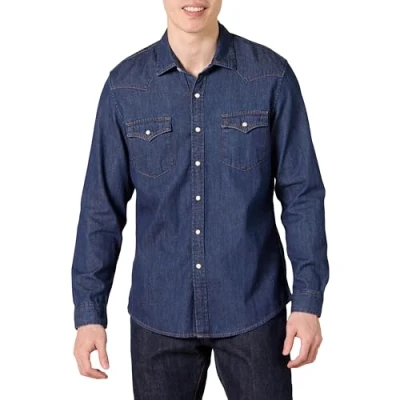 Imagen de Amazon Essentials Camisa de Denim Manga Larga y Ajuste Entallado Hombre, Azul, L