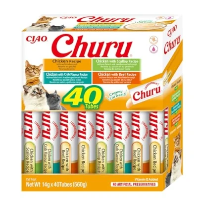 Imagen de INABA Churu Puré de Pollo 4 Sabores Deliciosos Snacks Textura Suave y Cremosa Comida para Gatos 40 Tubos x 14g