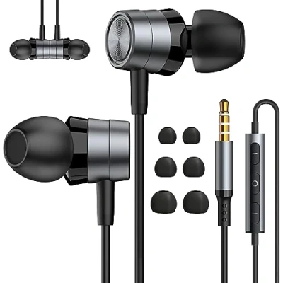Imagen de Auriculares internos con micrófono, Conector de 3,5 mm Cable y Control Volumen Compatible Samsung, Android, MP3, la mayoría los Dispositivos Audio