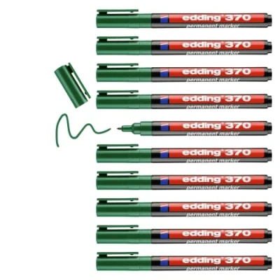 Imagen de edding 370 verde 10 rotuladores punta redondeada fina 1 mm resistente al agua, secado rápido multiuso, universal para cartón, plástico, madera, metal, vidrio, piedra, lienzo